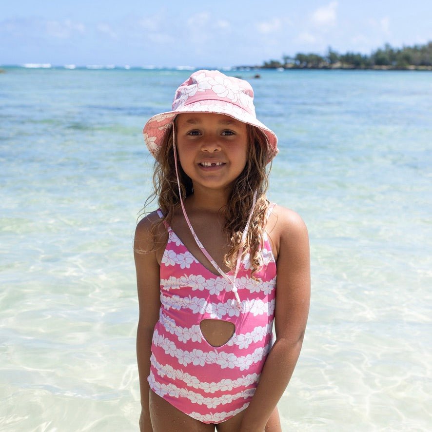 Leilani/Rosey Pink Gardenia Lei Peek-a-Boo reversible Swimsuit - Sweet Sweet Honey Hawaii