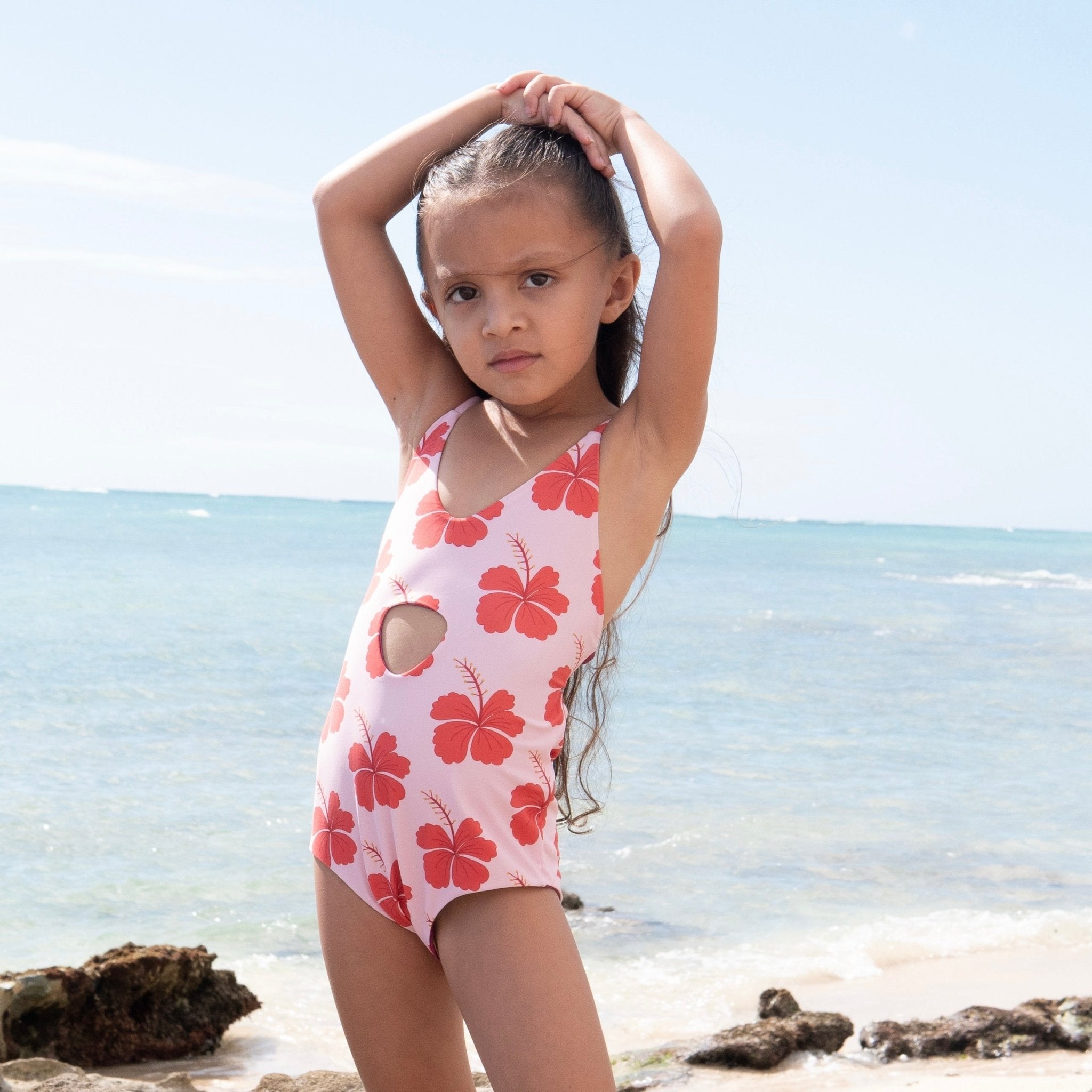 Coral Hibiscus/Berry Hibiscus Peek-a-Boo reversible Swimsuit - Sweet Sweet Honey Hawaii