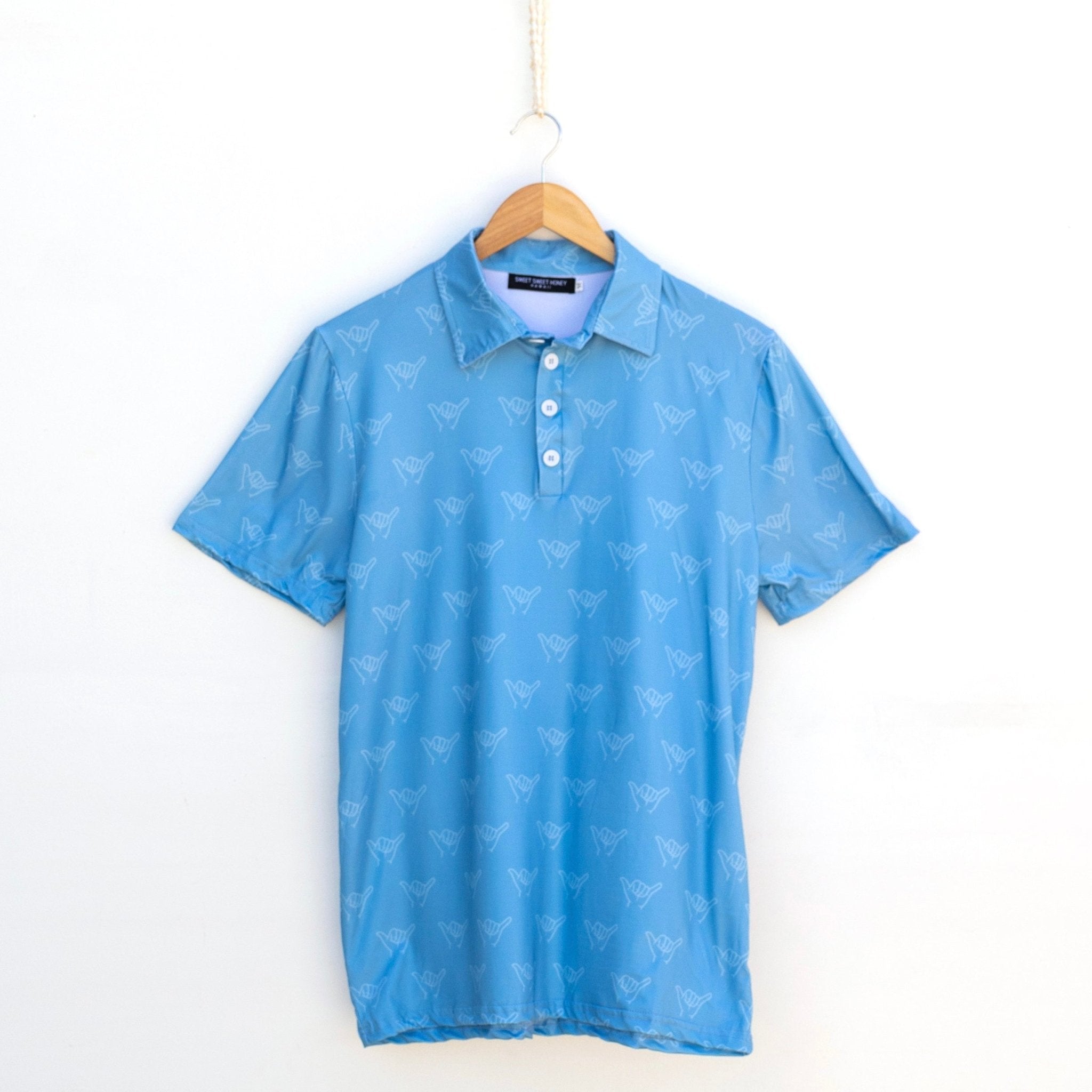 Sky Blue Shaka Men's Collared Shirt - Sweet Sweet Honey Hawaii