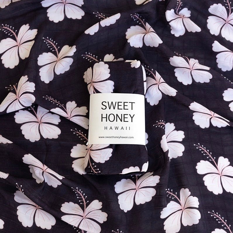 Midnight Hibiscus Bamboo Swaddle Blanket - Sweet Sweet Honey Hawaii